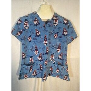 Patriotic Gnome Scrub Top Blue V Neck Short Sleeve Pockets Medical 4th Of July X